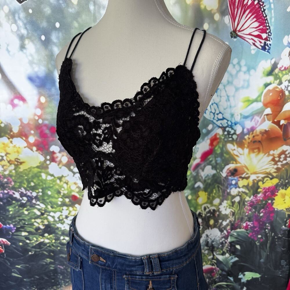 FREE PEOPLE ONE Celine Lace Bralette Womens Medium Black Strappy Fairy Grunge